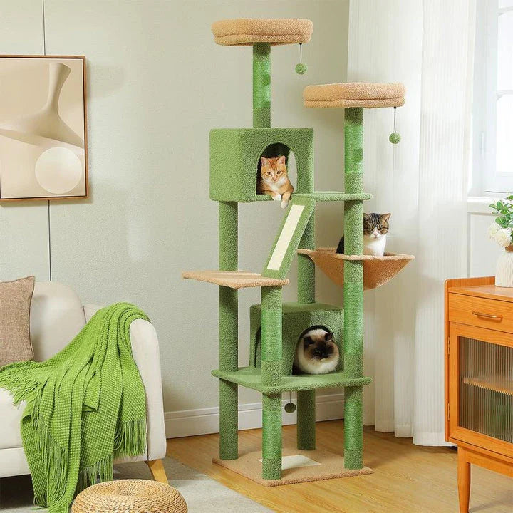 Impressive 180cm tall multi-level cat tree tower with multiple platforms, scratching posts, and cosy napping spots for cats