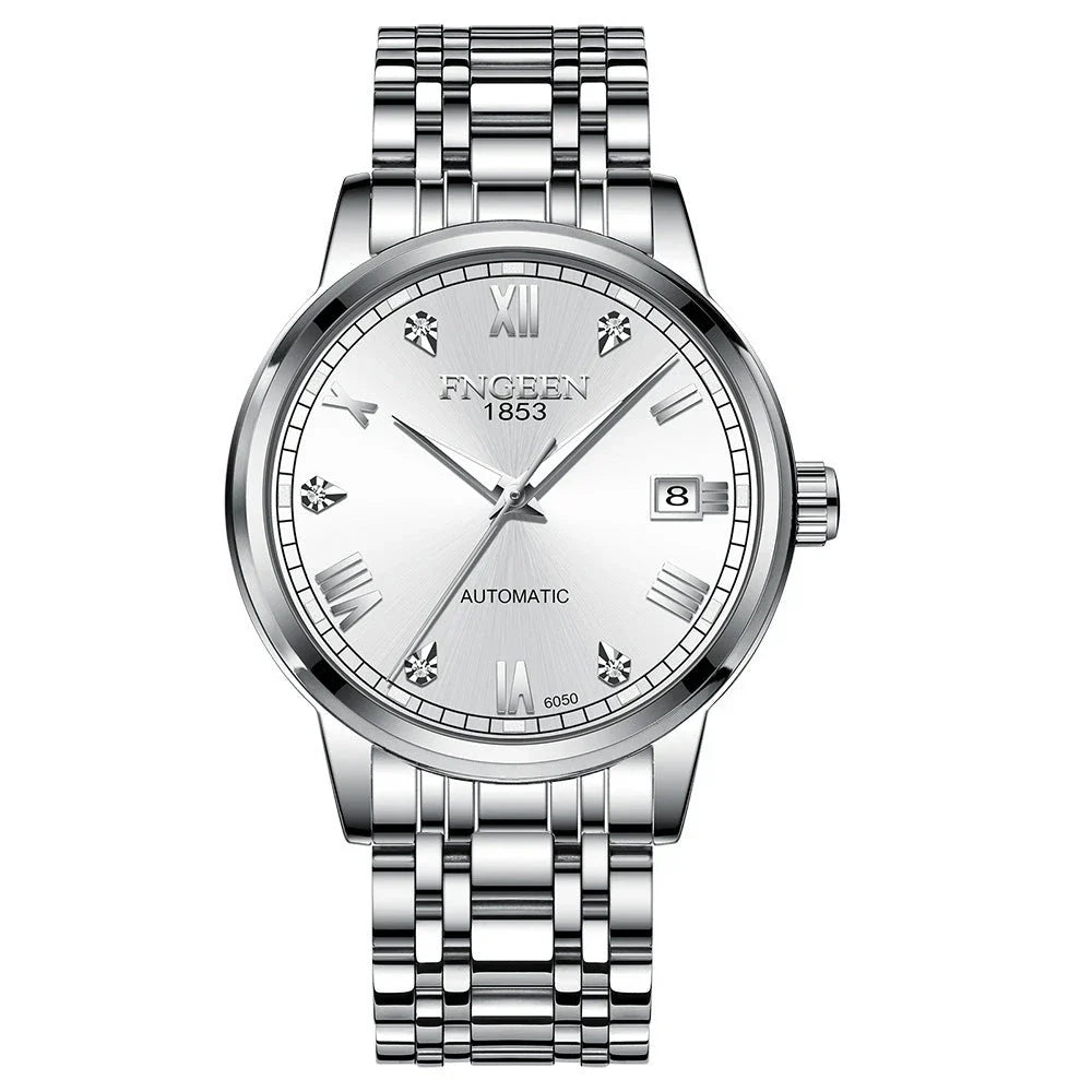 Premium automatic mechanical watch with leather strap, featuring a stainless steel case, luminous hands and markers, and a stylish British-inspired design