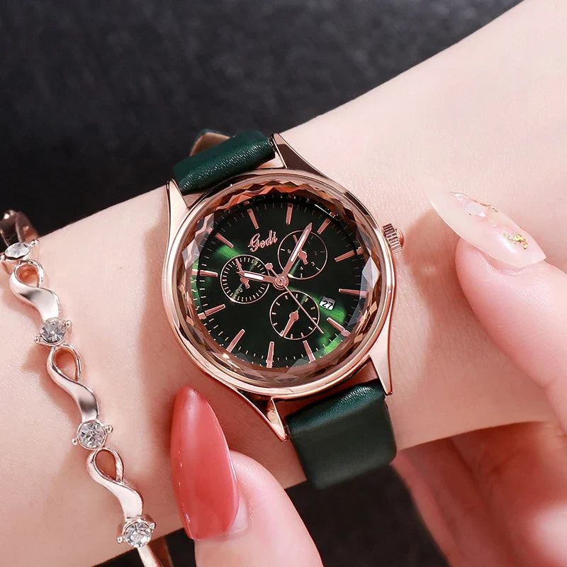 Elegant and contemporary quartz calendar watch with a durable stainless-steel case and scratch-resistant hardened glass face