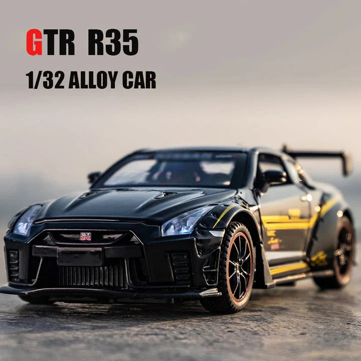 Premium 1:32 scale diecast model of the iconic Skyline R34 and R35 sports car, featuring detailed construction, interactive elements, and authentic design.