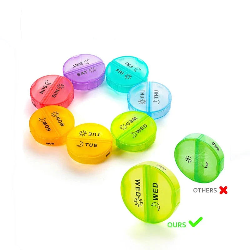 7 Days Pill Box Travel Weekly Medicine Organizer - Transparent Round Pill Case with Day and Night Markings