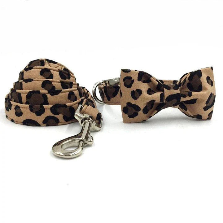 Stylish leopard-print dog collar and leash set made from premium 100% cotton for comfort and durability