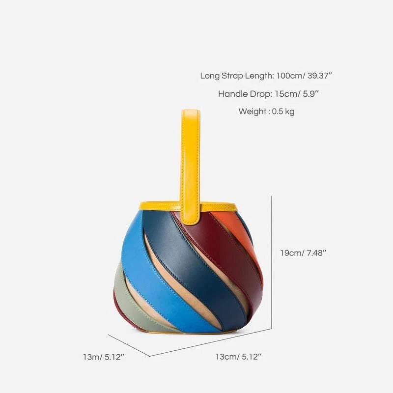 Stylish striped PU leather bucket handbag with versatile carry options and roomy interior