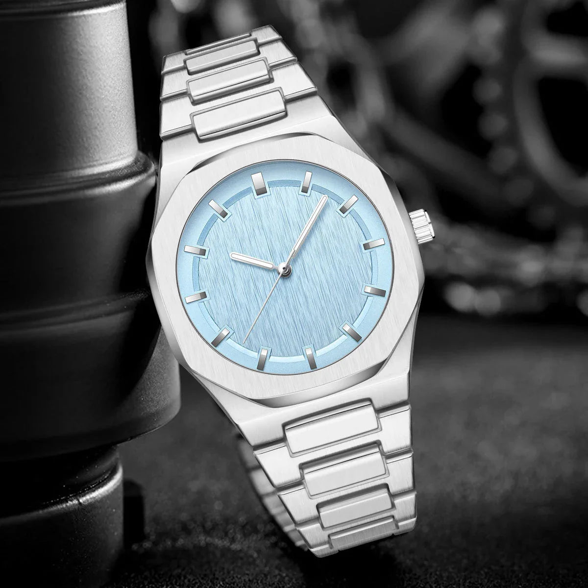 Sophisticated octagonal dial men's watch with stainless steel case and mineral-reinforced glass crystal