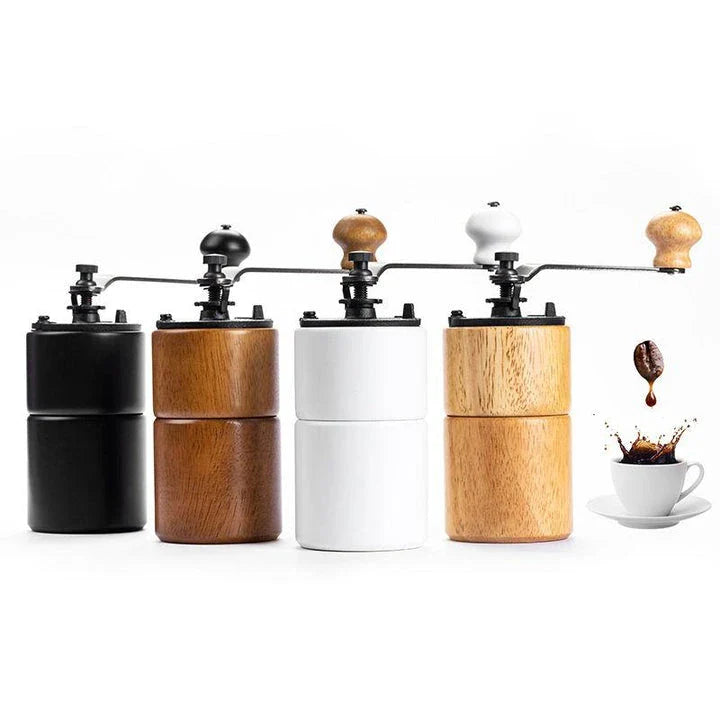 Elegant wooden manual coffee grinder with premium steel conical burr for consistent, flawless grinding