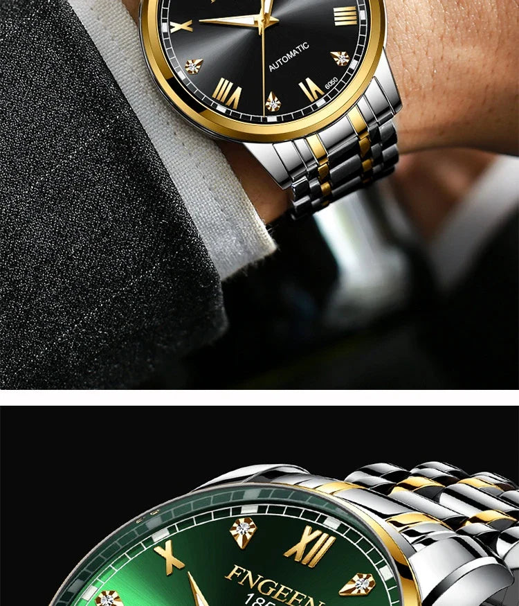 Premium automatic mechanical watch with leather strap, featuring a stainless steel case, luminous hands and markers, and a stylish British-inspired design