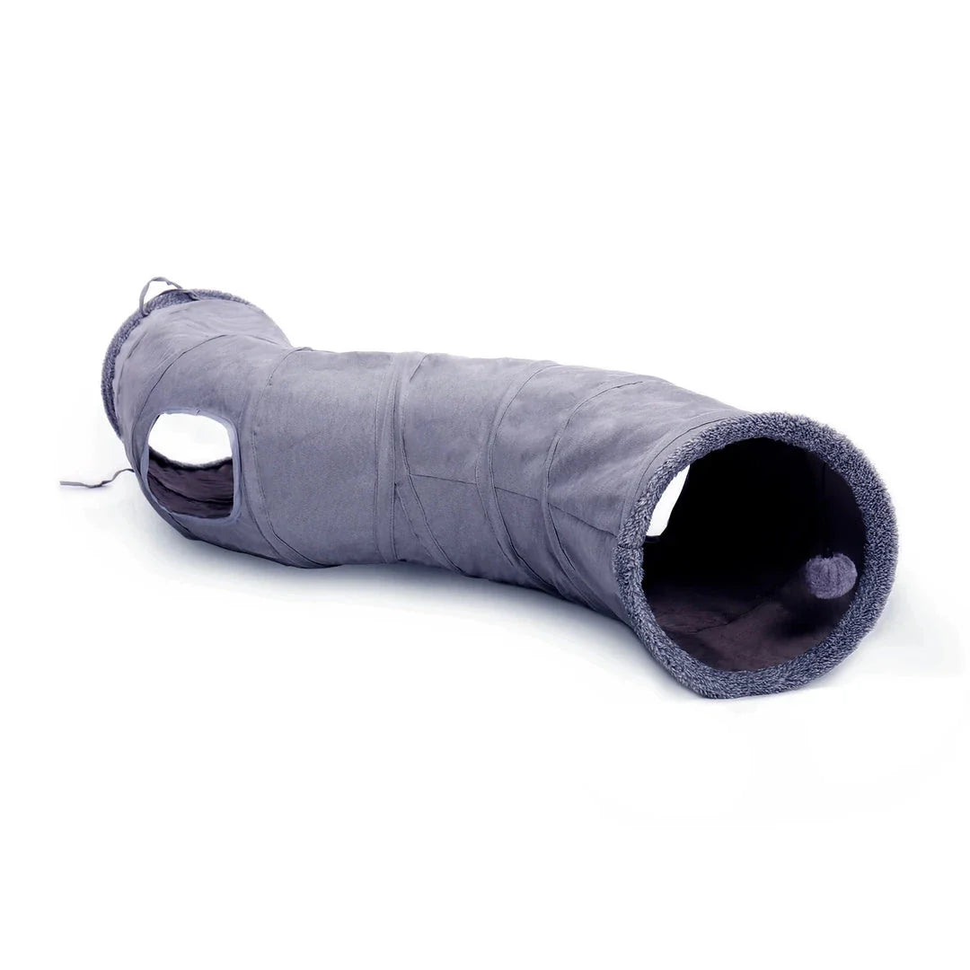 Grey foldable cat play tunnel with crinkle sounds, peek-a-boo holes, and a hanging ball toy for interactive playtime