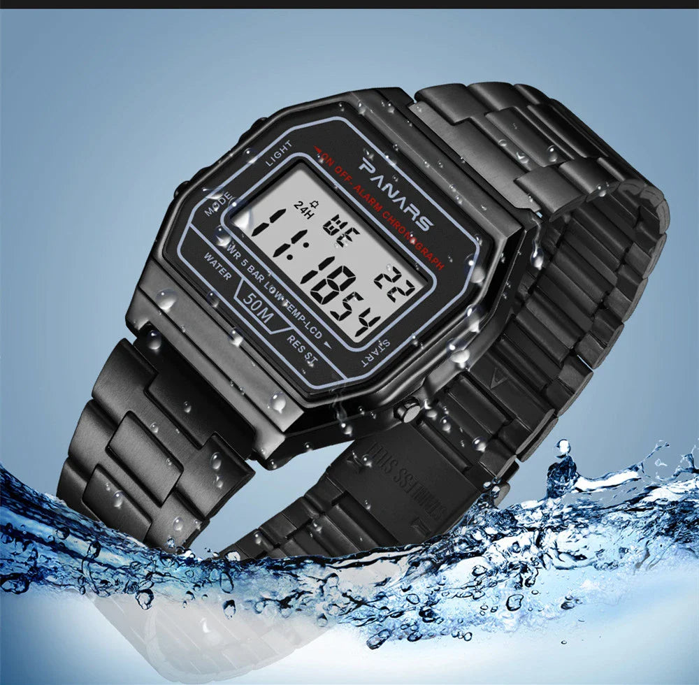 A stylish and retro-inspired gold watch with a sleek and compact design, featuring a luminous display and water resistance for everyday wear.