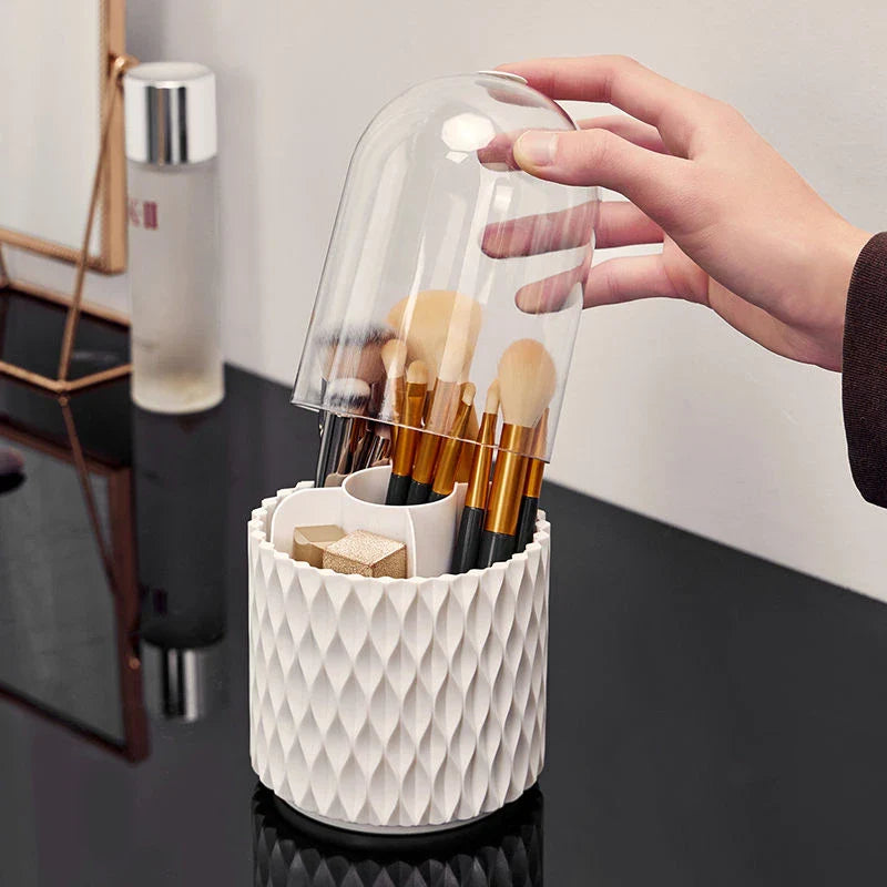 360 degree rotating makeup brush storage box in elegant white design