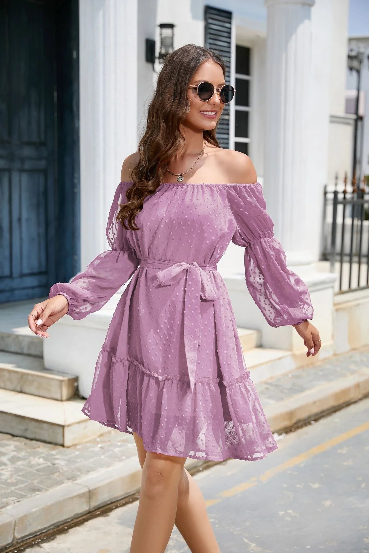 Stylish one-shoulder chiffon dress with ruffled bubble dot design, available in various sizes and blue colour