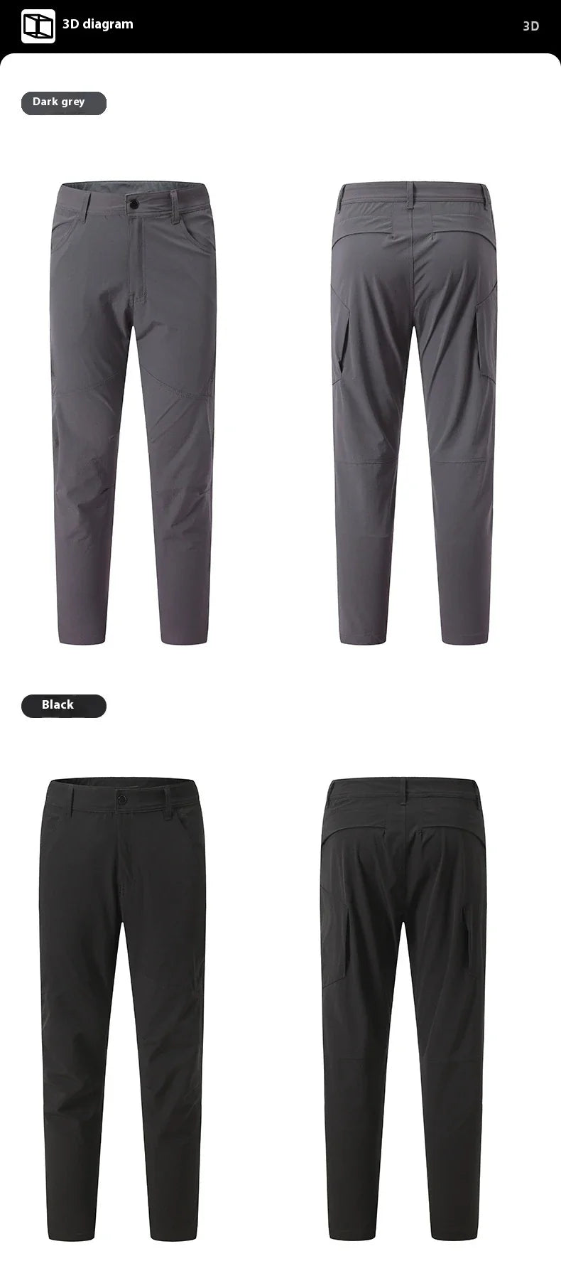 Weatherproof outdoor trousers for men in black, gray, and green colours with adjustable waistband and reinforced panels