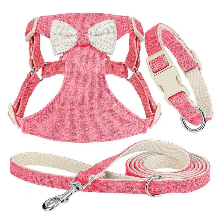 Adjustable bowtie collar, leash, and harness set for small and medium-sized pets in blue, green, pink, and red colours