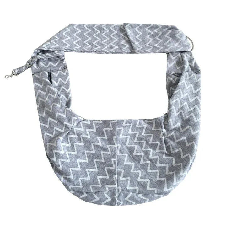 Grey striped cotton pet sling carrier bag with adjustable strap for comfortable and secure pet transport