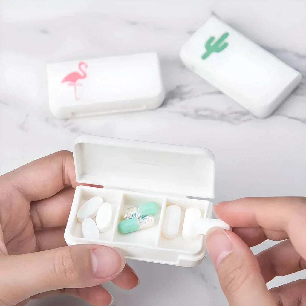 Compact and stylish 3-compartment pill organiser for travelling, made from durable, eco-friendly plastic