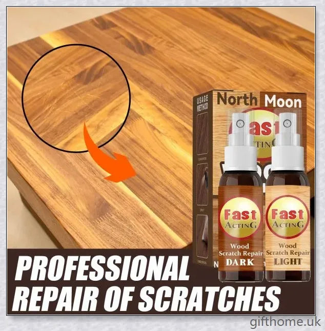 A bottle of premium wood scratch repair spray with a light and dark colour option for blending seamlessly with various wood tones.