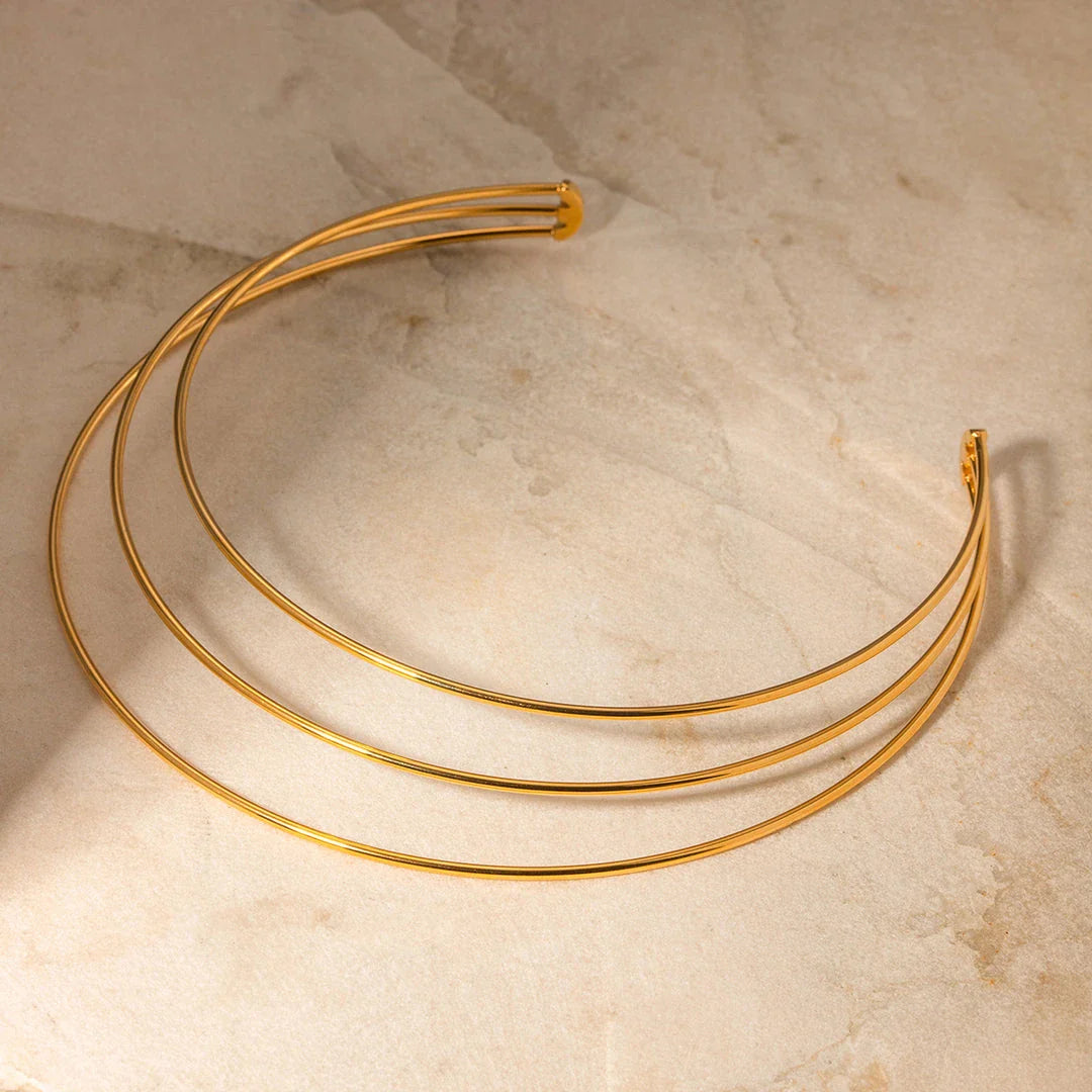 Elegant 18K gold-plated stainless steel necklace with a three-layer collar design, perfect for parties, anniversaries, and weddings