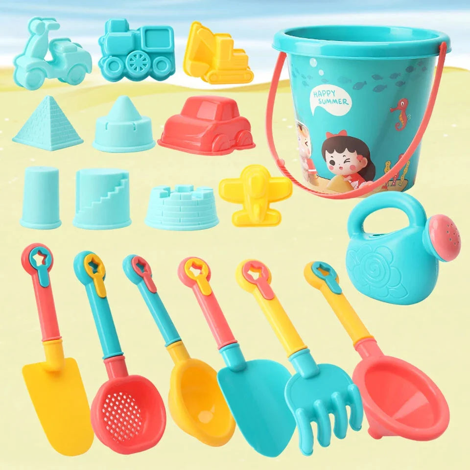 Vibrant 18-piece kids' beach and sand playset with colourful sand toys and shovel