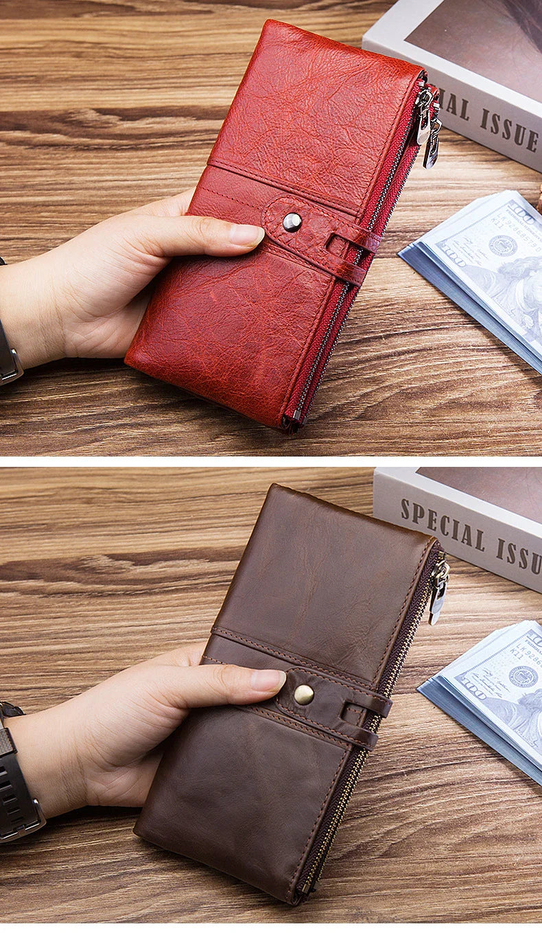 Trendha Premium Cowhide Leather Wallet with Multiple Card Slots and Secure Zipper Compartment
