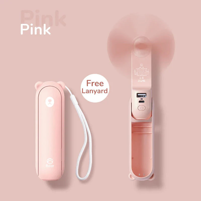 Portable Mini Handheld Fan with 4500mAh battery, 3 speed settings, power bank, and flashlight