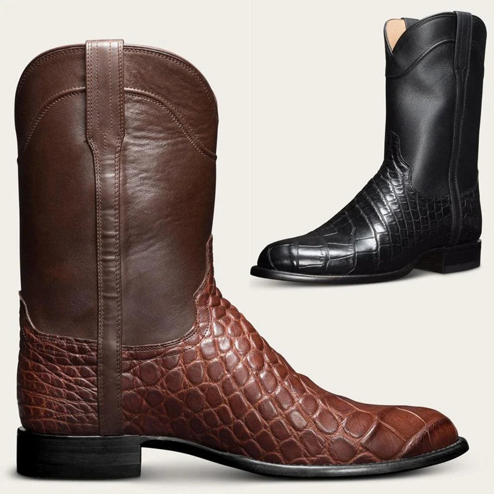 Premium black leather cowboy boots with EVA insole and durable PU outer material for men