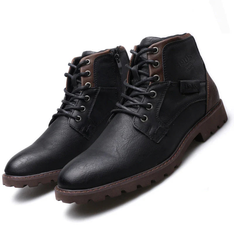 Vintage-inspired Martin boots with artificial PU upper and beef tendon sole, featuring a round toe and horseshoe heel design