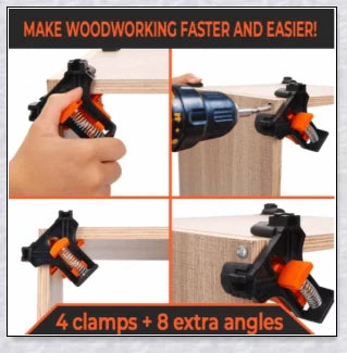 High-quality woodworking corner clamp set with 60°, 90°, and 120° angle heads for precise alignment and secure clamping