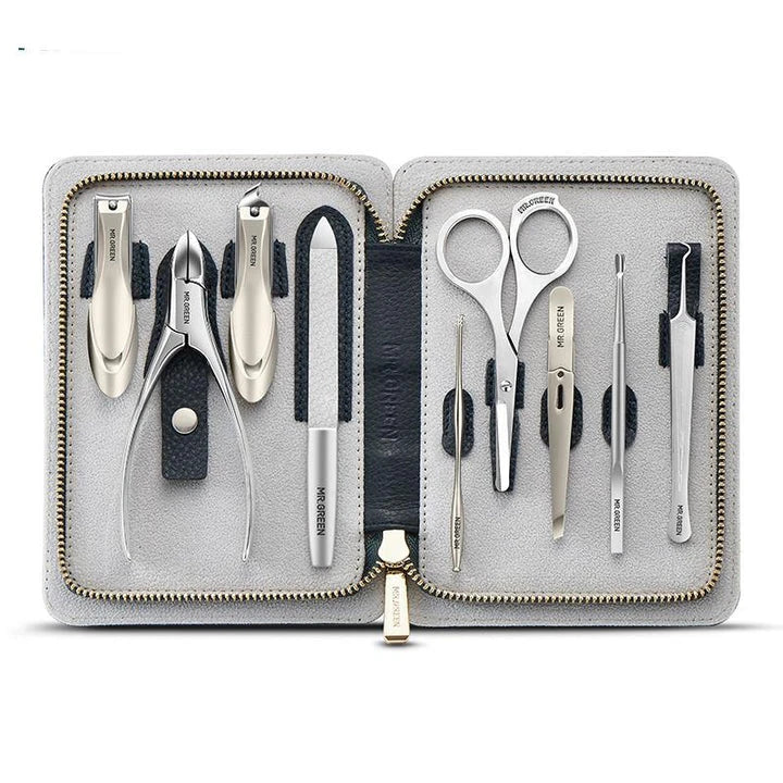 Premium manicure set with surgical-grade stainless steel tools and luxurious leather case