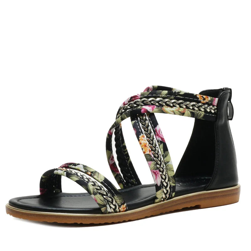 Stylish non-slip Roman sandals with open toe and floral cloth upper, available in black, pink, and apricot colours