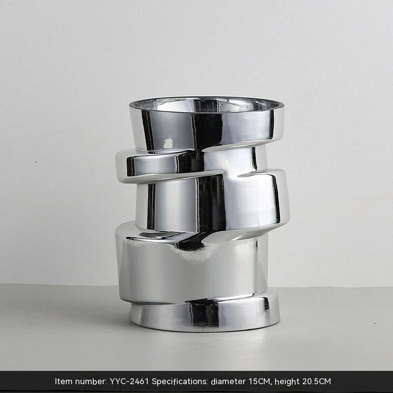 Electroplated silver glass vase with a modern, geometric design for home decor