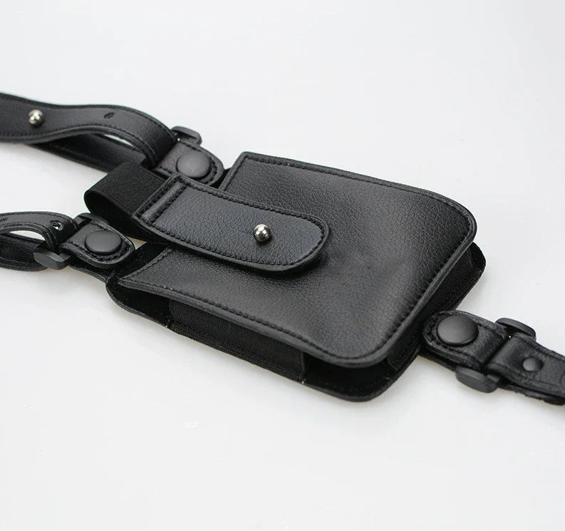 Premium black cowhide underarm wallet and mobile phone bag with adjustable shoulder strap, designed for secure and stylish storage of daily essentials