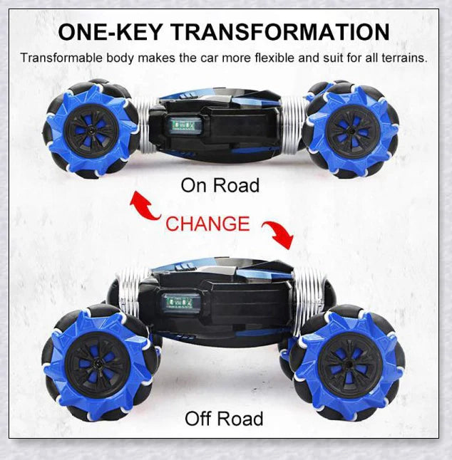 Remote control stunt car with 360-degree rotation, flips, and built-in colourful lights and music for exciting playtime