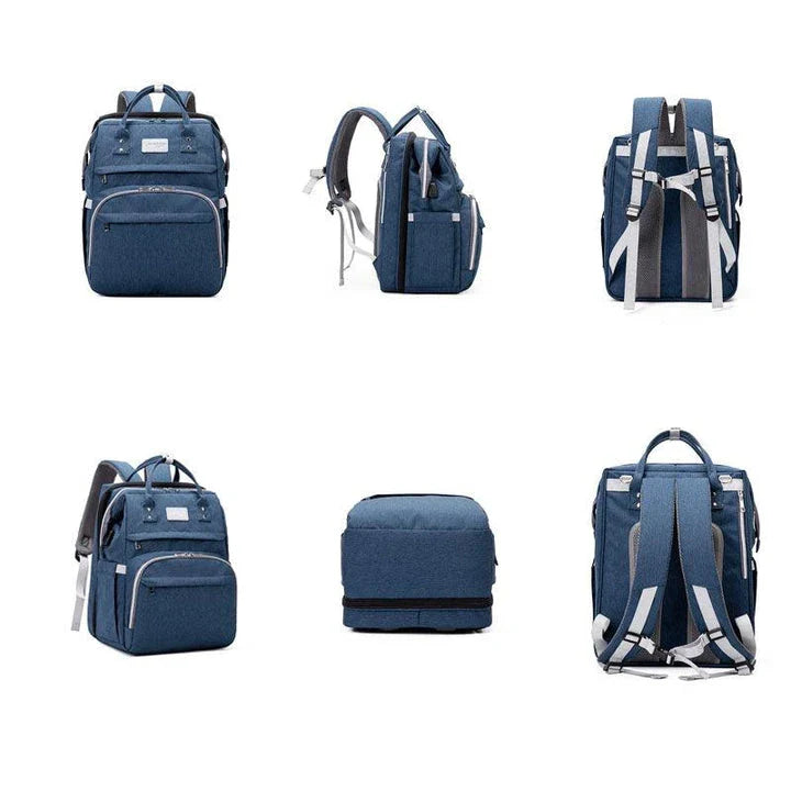 Multifunctional maternity diaper backpack with removable mosquito net, foldable crib, and water-resistant design for convenient family travel