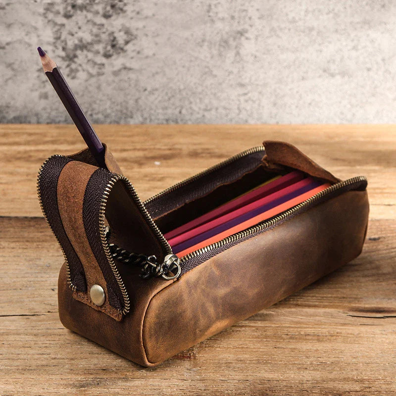 Premium Crazy Horse Leather Double-Zip Portfolio Bag with Sleek Design and Ample Storage Space