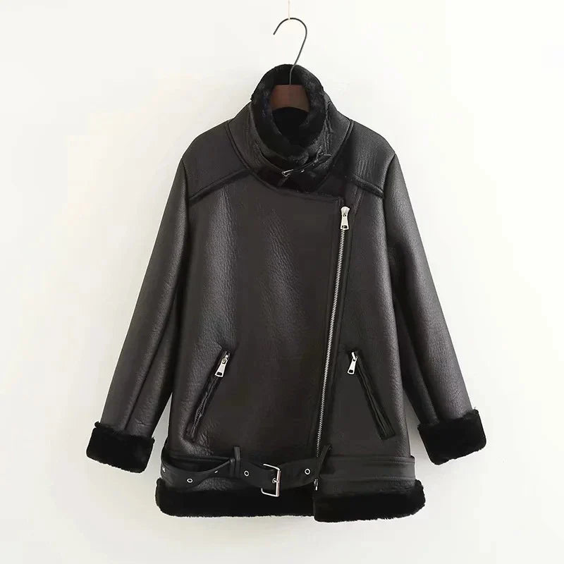 Stylish ladies' PU leather jacket with trendy belt in black colour