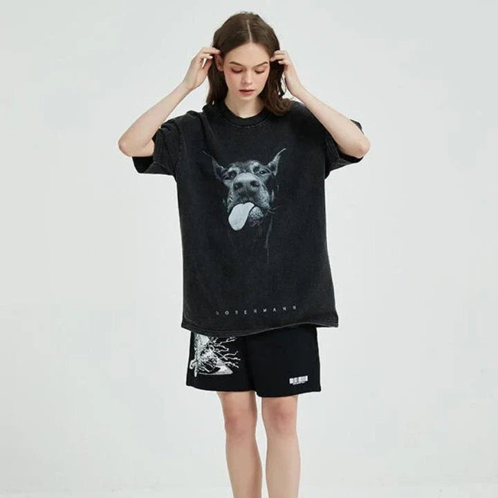 Oversized vintage-style hip hop streetwear t-shirt with a bold Doberman dog graphic, made from premium 100% cotton for all-day comfort and a relaxed, urban look.