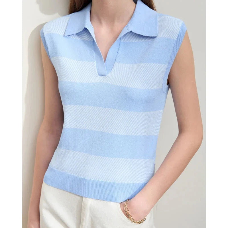 Chic Summer Knit Sleeveless Sweater in a neutral striped pattern, offering a comfortable and stylish option for warm weather wear.