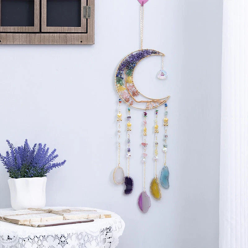 Mesmerising Moon Agate Crystal Pendant Dream Catcher with a stunning array of colourful agate crystals