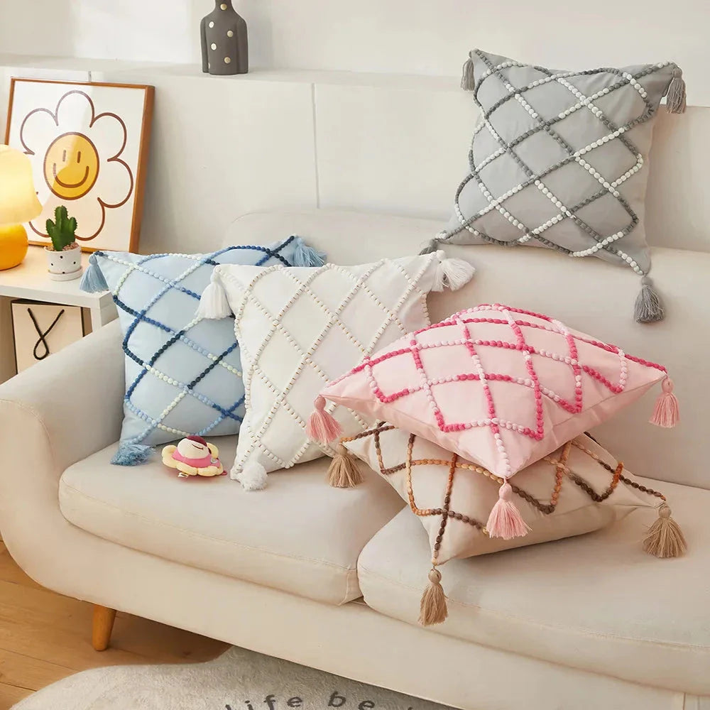 Nordic geometric tassel cushion cover with gradient design, perfect for adding modern style to your home