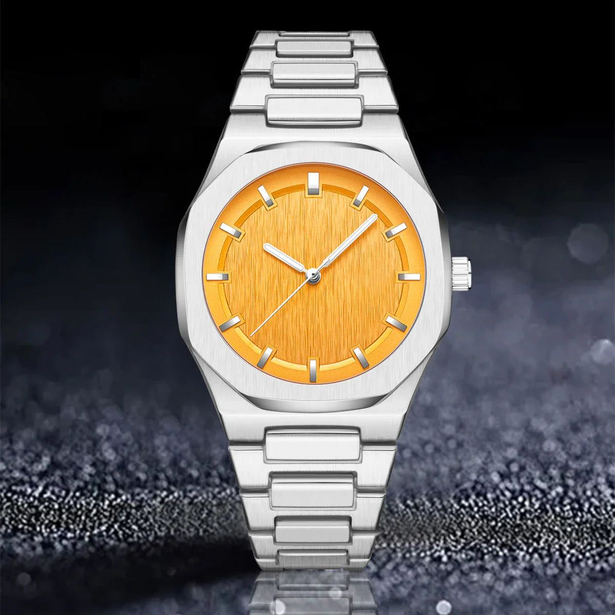 Sophisticated octagonal dial men's watch with stainless steel case and mineral-reinforced glass crystal
