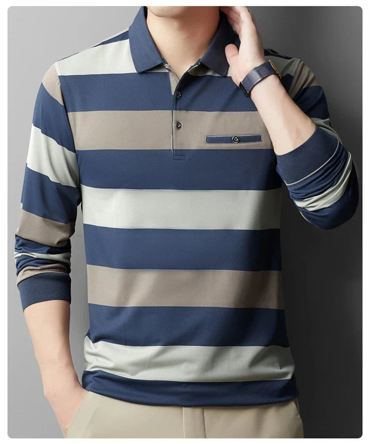 Premium Striped Long Sleeve Polo Shirt in Gray for Gentlemen - Soft, Breathable Fabric, Colour-Block Design, Versatile Casual-to-Smart Styling