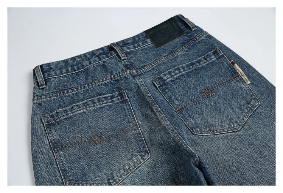 Autumn New Retro Loose Jeans in dark blue colour with straight-leg silhouette and premium cotton fabric
