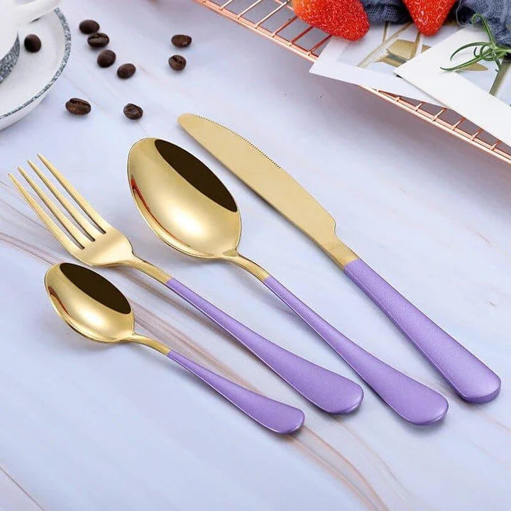 Premium eco-friendly stainless steel tableware set including knife, fork, spoon, and tea spoon in a sophisticated frosted finish