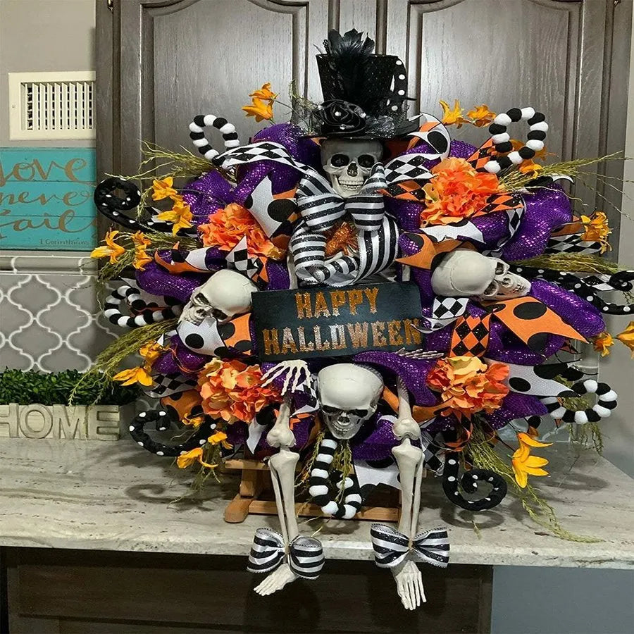 A captivating Halloween wreath featuring a purple skull design, perfect for adding eerie elegance to any home.