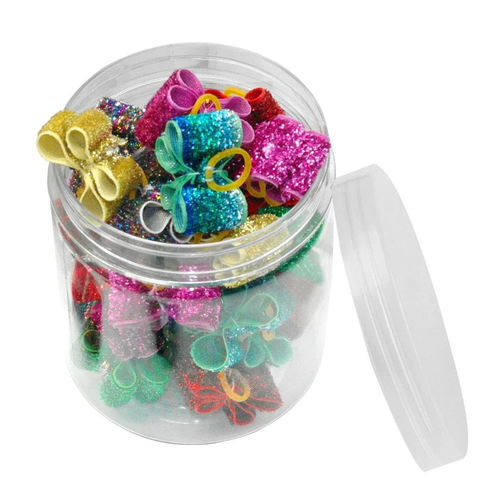 Glittery hair bows for dogs in various quantities, made with premium nylon for long-lasting durability and a sparkling finish.