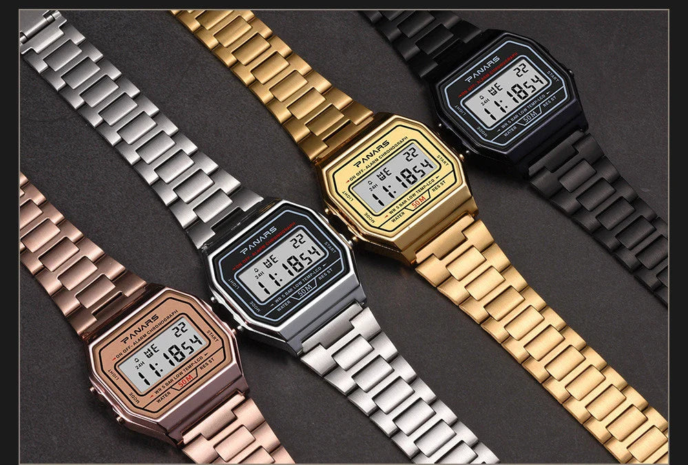 A stylish and retro-inspired gold watch with a sleek and compact design, featuring a luminous display and water resistance for everyday wear.
