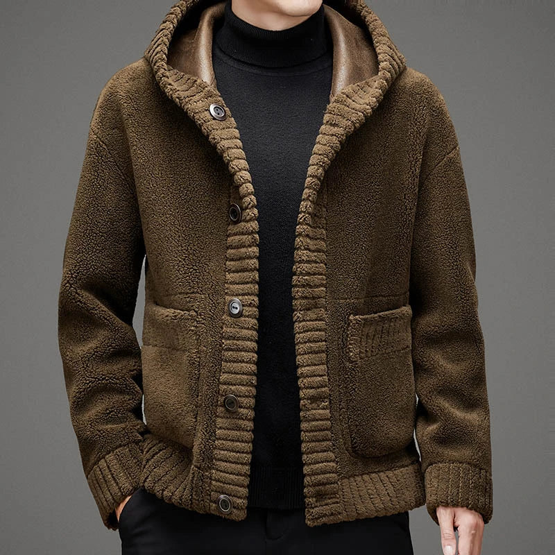 Premium double-sided cashmere hooded jacket with luxurious faux fur lining, perfect for British winter weather