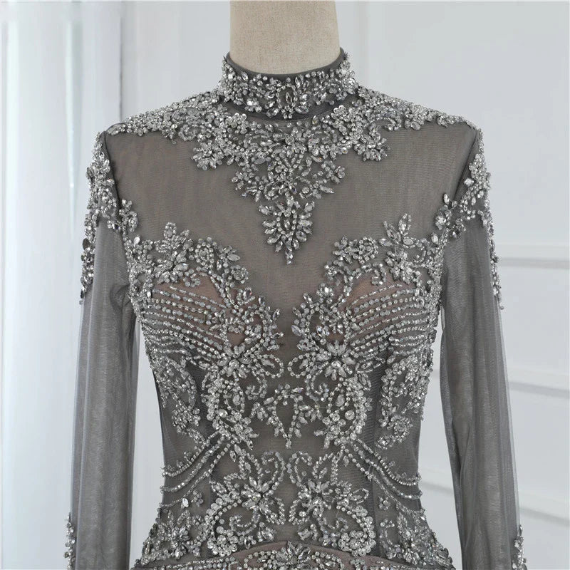 Elegant long sleeve fishtail dress with high waist and Austrian diamond embellishments
