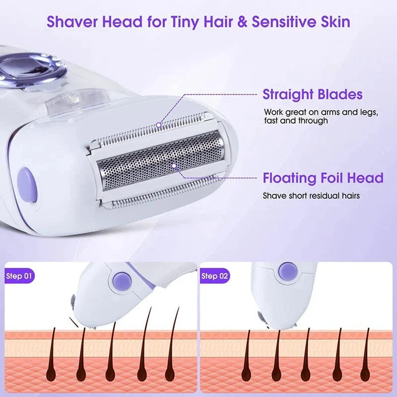 Premium 3-in-1 electric epilator and shaver for women with carbon steel blades, two speed settings, and built-in LED light for smooth, hair-free skin
