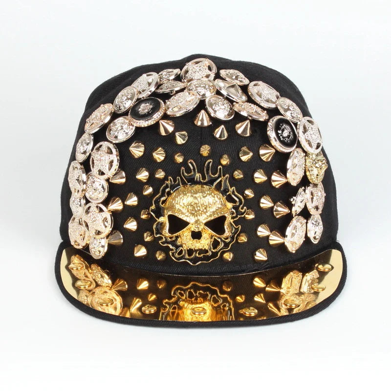 A black baseball cap with a striking skull and leopard print design, featuring adjustable snapback closure for a customized fit.