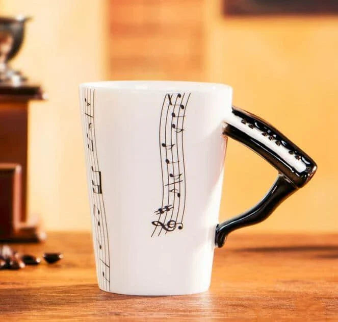 Premium eco-friendly ceramic mug with unique musical instrument-themed designs, a charming and sustainable addition to any kitchen.